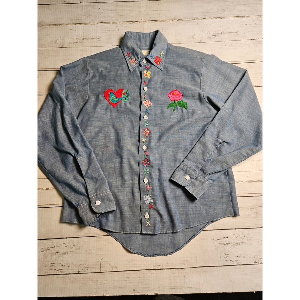 Vintage Big Mac JCPenney Hand Embroidered Chambray Shirt Blue Floral Bird S/M - Picture 2 of 10